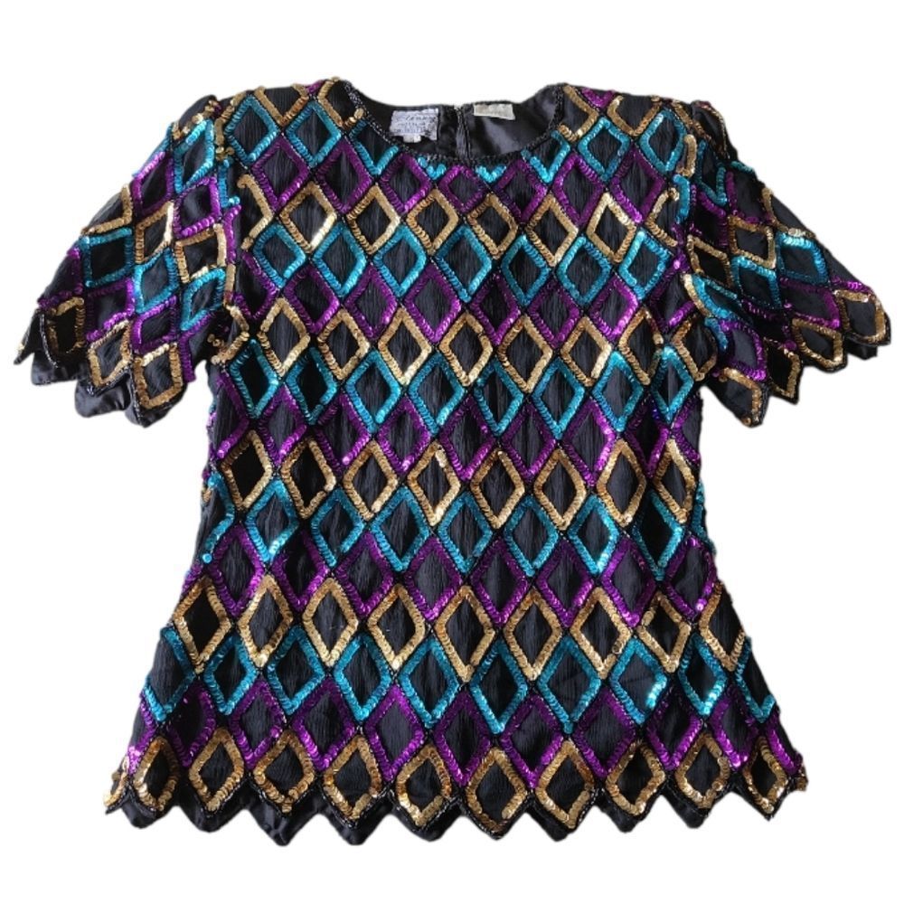 STÈNAY Vintage Black 100% Silk Diamond Sequin Blouse Size S